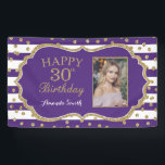 Happy 30th Birthday Banner Paars Gold Photo<br><div class="desc">Fijne 30ste verjaardag banner voor vrouwen of man. Paarse en goudfeestdag. Glitter Confetti. Zwarte en witte strepen. Afdrukbaar digitaal. Voor verdere aanpassing,  te klikken gelieve de knoop "van de Aanpassing het"en ons ontwerphulpmiddel te gebruiken om deze sjabloon te wijzigen.</div>