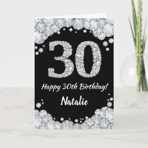 Happy 30th Birthday Black en Silver Glitter Card Kaart