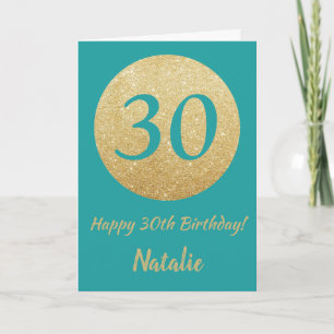 Happy 30th Birthday Blauwgroen en Gouden Glitter K Kaart
