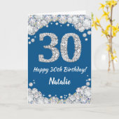 Happy 30th Birthday Blue en Silver Glitter Card Kaart (Gele Bloem)