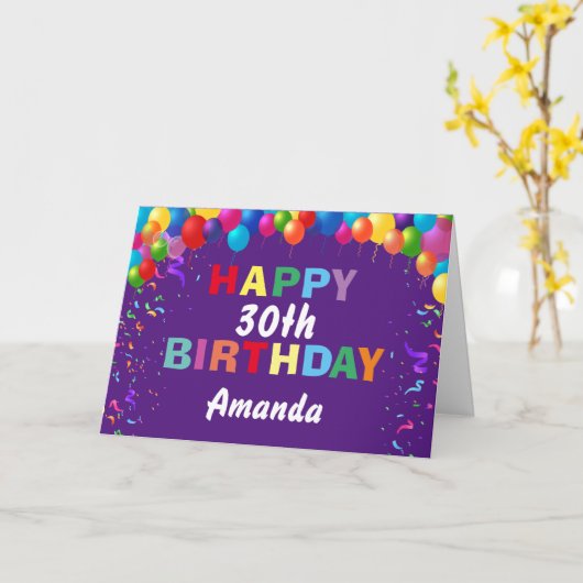 Happy 30th Birthday Colorful Balloons Paars Kaart (Gele Bloem)
