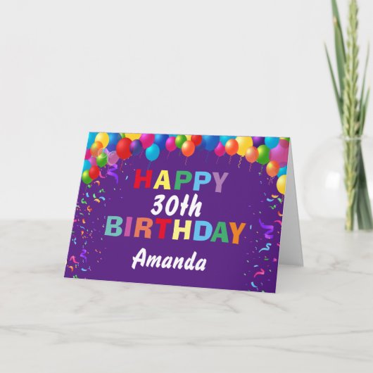 Happy 30th Birthday Colorful Balloons Paars Kaart (Voorkant)