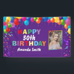 Happy 30th Birthday Colorful Balloons Paars Spandoek<br><div class="desc">Fijne 30e verjaardag kleurrijke ballonnen Confetti Paarse fotobanner. Voor verdere aanpassing,  te klikken gelieve de knoop "van de Aanpassing het"en ons ontwerphulpmiddel te gebruiken om deze sjabloon te wijzigen.</div>