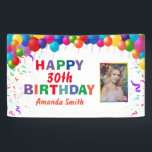 Happy 30th Birthday Colorful Balloons White Spandoek<br><div class="desc">Fijne 30e verjaardag kleurrijke ballonnen Confetti White Photo Banner. Voor verdere aanpassing,  te klikken gelieve de knoop "van de Aanpassing het"en ons ontwerphulpmiddel te gebruiken om deze sjabloon te wijzigen.</div>