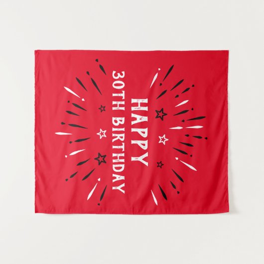 Happy 30th Birthday Fireworks Red Black White Wandkleed (Voorkant (horizontaal))