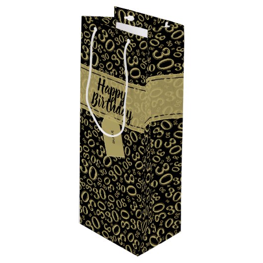 Happy 30th Birthday Gold en Black Number Pattern Wijn Cadeautas (Voorkant Gekanteld)