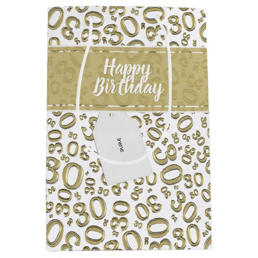 Happy 30th Birthday Gold en White Number Pattern Medium Cadeauzakje (Voorkant)