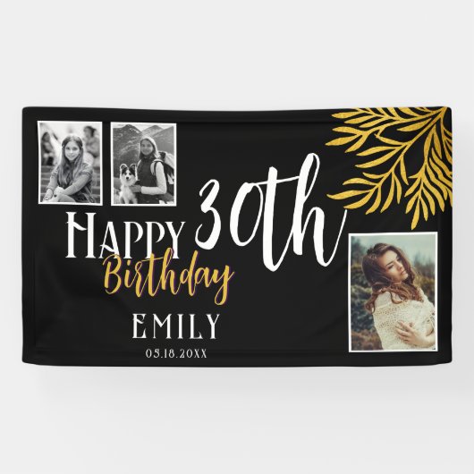 Happy 30th Birthday Gold Foliage 3 Photo Backdrop Spandoek (Horizontaal)