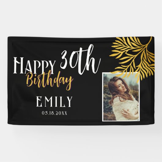 Happy 30th Birthday Gold Foliage Photo Backdrop Spandoek (Horizontaal)