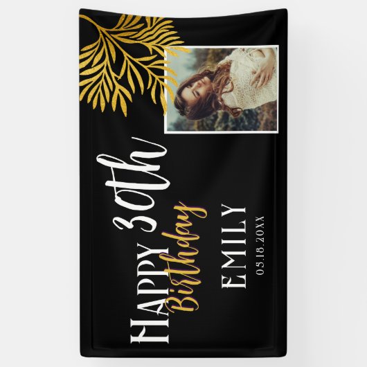 Happy 30th Birthday Gold Foliage Photo Backdrop Spandoek (Verticaal)