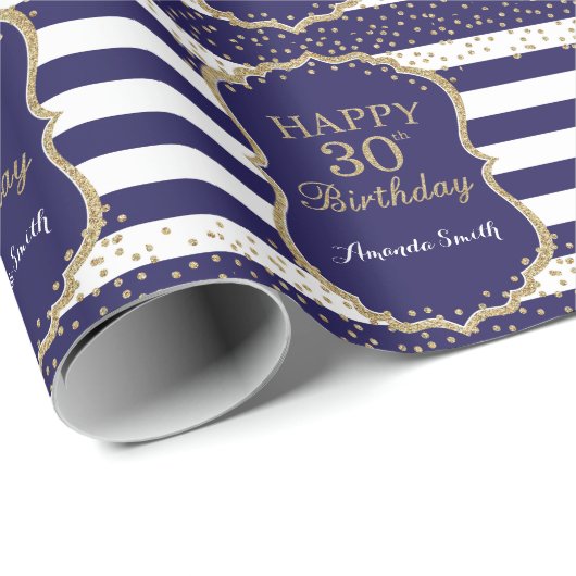 Happy 30th Birthday Gold Glitter en Navy Blue Cadeaupapier (Rol Hoek)
