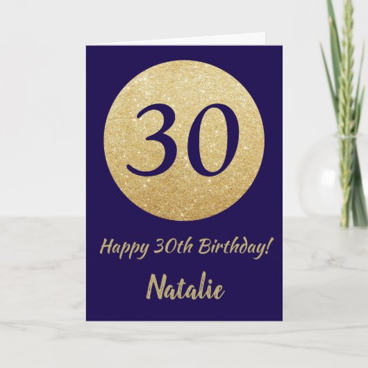 Happy 30th Birthday Navy Blue and Gold Glitter Kaart (Voorkant)