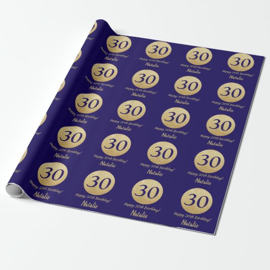 Happy 30th Birthday Navy Blue en Gold Glitter Cadeaupapier (Uitgerold)