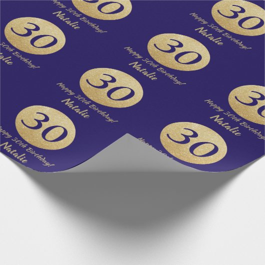 Happy 30th Birthday Navy Blue en Gold Glitter Cadeaupapier (Hoek)