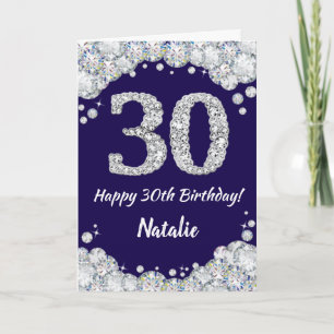 Happy 30th Birthday Navy Blue en Silver Glitter Kaart