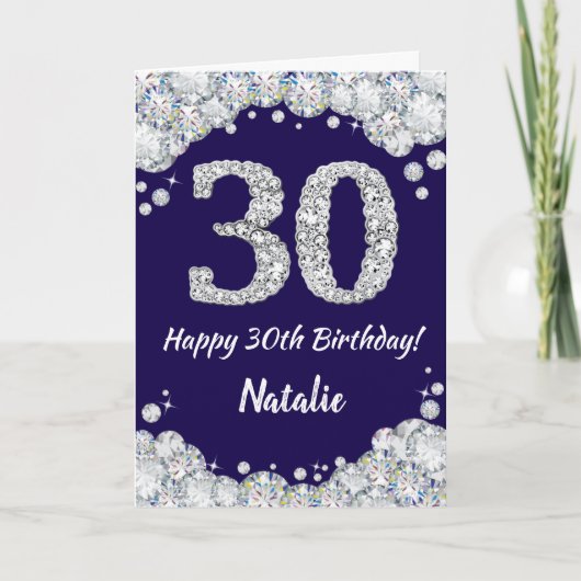 Happy 30th Birthday Navy Blue en Silver Glitter Kaart (Voorkant)