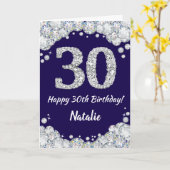 Happy 30th Birthday Navy Blue en Silver Glitter Kaart (Gele Bloem)