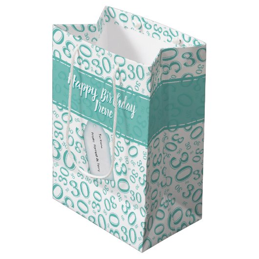 Happy 30th Birthday Number Pattern Blauwgroen en W Medium Cadeauzakje (Voorkant Gekanteld)