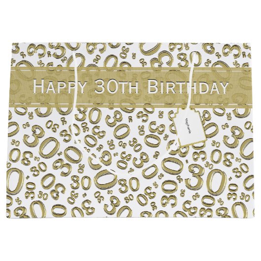 Happy 30th Birthday Party Pattern Gold en White Groot Cadeauzakje (Voorkant)