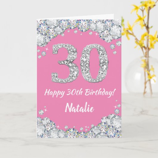 Happy 30th Birthday Pink en Silver Glitter Card Kaart (Gele Bloem)