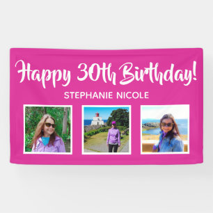 Happy 30th Birthday Pink Gepersonaliseerde 3 foto' Spandoek