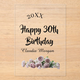 Happy 30th birthday pink white mauve floral name y acryl uitnodigingen