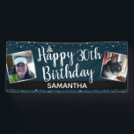 Happy 30th Birthday Two Photo Confetti Banner<br><div class="desc">Big Bold script Type Happy Birthday elk jaar feestbanner. Alle tekst is geopend en kan worden aangepast. Gebruik enkel de pas het opties van de sjabloon aan. Geweldig voor parades, tuinfeestjes, of gewoon om de hele zomer lang op te houden! Twee grote fotoopties. Faux zilverfolie-elementen die in het ontwerp worden...</div>