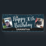 Happy 30th Birthday Two Photo Confetti Banner<br><div class="desc">Big Bold script Type Happy Birthday elk jaar feestbanner. Alle tekst is geopend en kan worden aangepast. Gebruik enkel de pas het opties van de sjabloon aan. Geweldig voor parades, tuinfeestjes, of gewoon om de hele zomer lang op te houden! Twee grote fotoopties. Faux zilverfolie-elementen die in het ontwerp worden...</div>