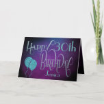 Happy 30th Name Paars Blauwgroen Birthday Kaart<br><div class="desc">Een elegant ontwerp met een magisch en mystisch beeld om je 30ste verjaardagsgroeten te sturen. Happy Birthday wordt geplaatst in een decoratieve manuscripttypografie in schaduwen van blauw, en de leeftijd is in een coördinerend lettertype samen met de naam van uw ontvanger, op een de stijlachtergrond van de waterverf in schaduwen...</div>