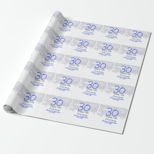 Happy 30th wedding anniversary silver blue glitter cadeaupapier (Uitgerold)