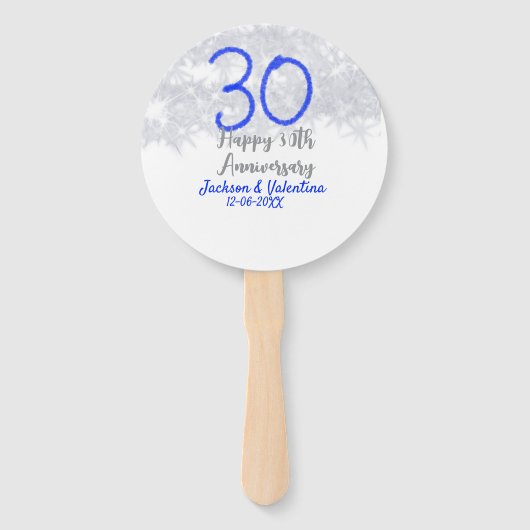 Happy 30th wedding anniversary silver blue glitter handwaaier (Achterkant)