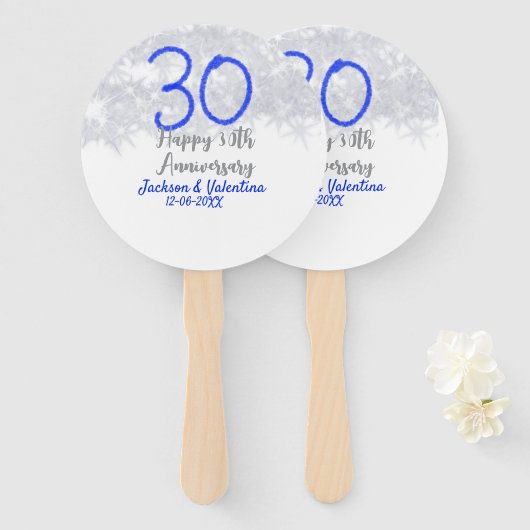 Happy 30th wedding anniversary silver blue glitter handwaaier (Voorkant en achterkant)