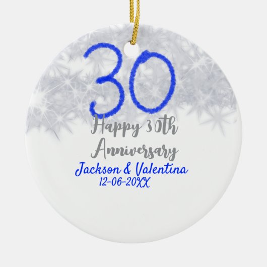 Happy 30th wedding anniversary silver blue glitter keramisch ornament (Voorkant)