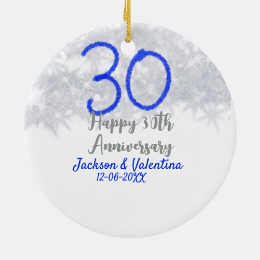 Happy 30th wedding anniversary silver blue glitter keramisch ornament (Achterkant)