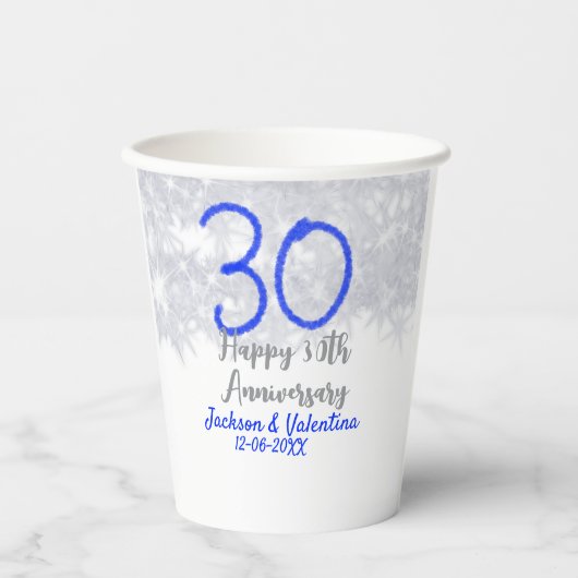 Happy 30th wedding anniversary silver blue glitter papieren bekers (Voorkant)
