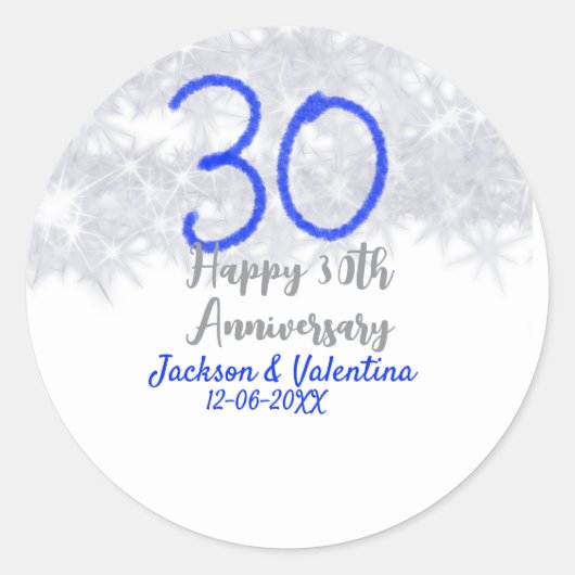 Happy 30th wedding anniversary silver blue glitter ronde sticker (Voorkant)