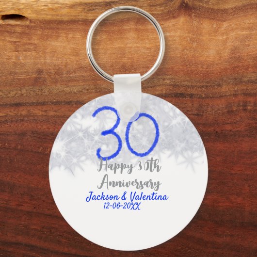 Happy 30th wedding anniversary silver blue glitter sleutelhanger (Achterkant)