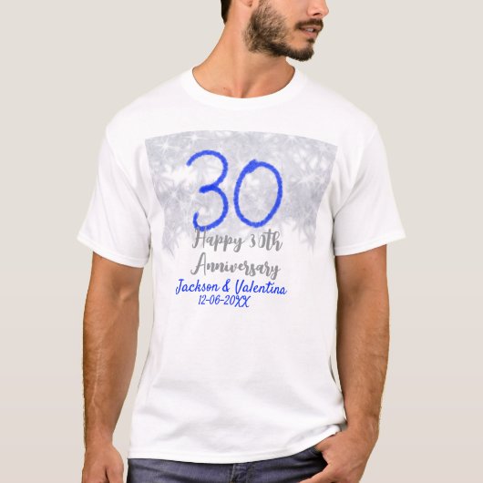 Happy 30th wedding anniversary silver blue glitter t-shirt (Voorkant)