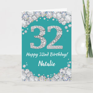 Happy 32e verjaardag Blauwgroen en Silver Glitter  Kaart