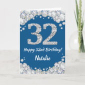 Happy 32e verjaardag Blue en Silver Glitter Card Kaart (Voorkant)