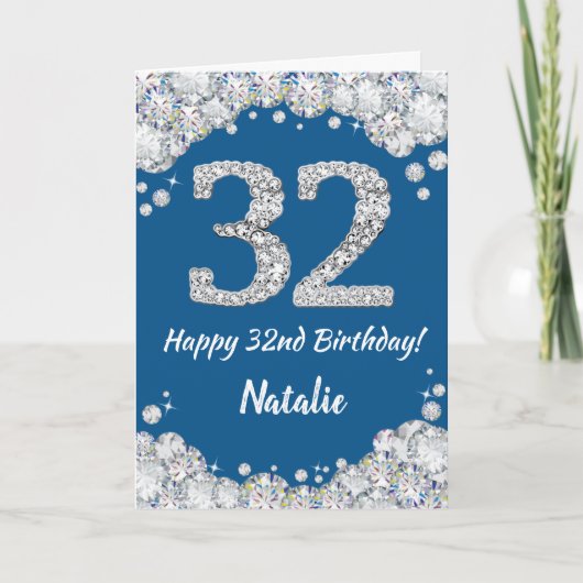 Happy 32e verjaardag Blue en Silver Glitter Card Kaart (Voorkant)