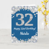 Happy 32e verjaardag Blue en Silver Glitter Card Kaart (Gele Bloem)