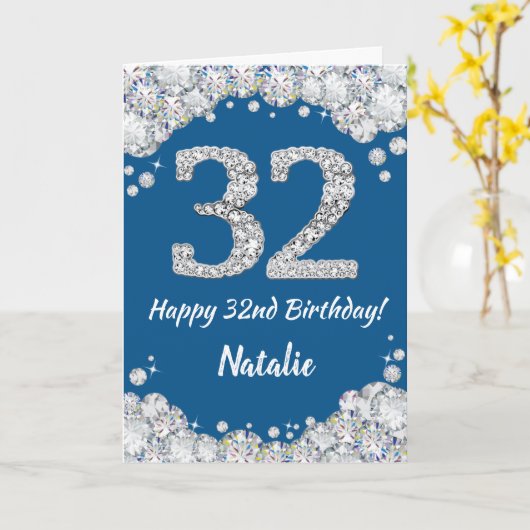 Happy 32e verjaardag Blue en Silver Glitter Card Kaart (Gele Bloem)