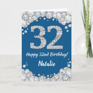 Happy 32e verjaardag Blue en Silver Glitter Card Kaart