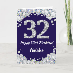 Happy 32e verjaardag Navy Blue en Silver Glitter Kaart