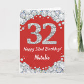 Happy 32e verjaardag Red en Silver Glitter Card Kaart (Voorkant)