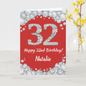 Happy 32e verjaardag Red en Silver Glitter Card Kaart (Gele Bloem)