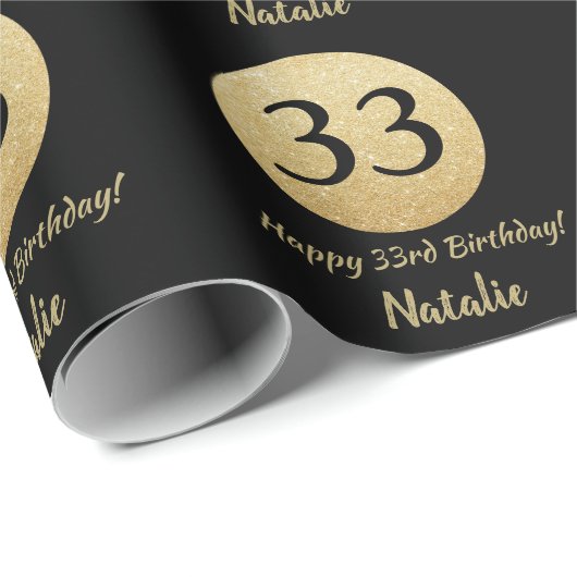 Happy 33rd Birthday Black en Gold Glitter Cadeaupapier (Rol Hoek)
