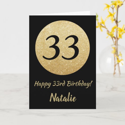 Happy 33rd Birthday Black en Gold Glitter Card Kaart (Gele Bloem)