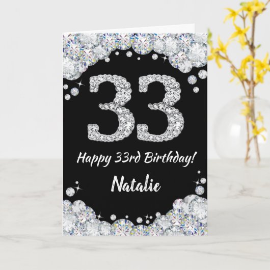 Happy 33rd Birthday Black en Silver Glitter Card Kaart (Gele Bloem)